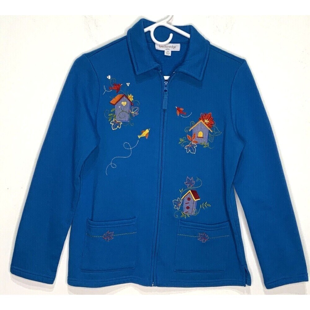 Breckenridge Petite Women's Coat Blue Embroidered Birdhouses